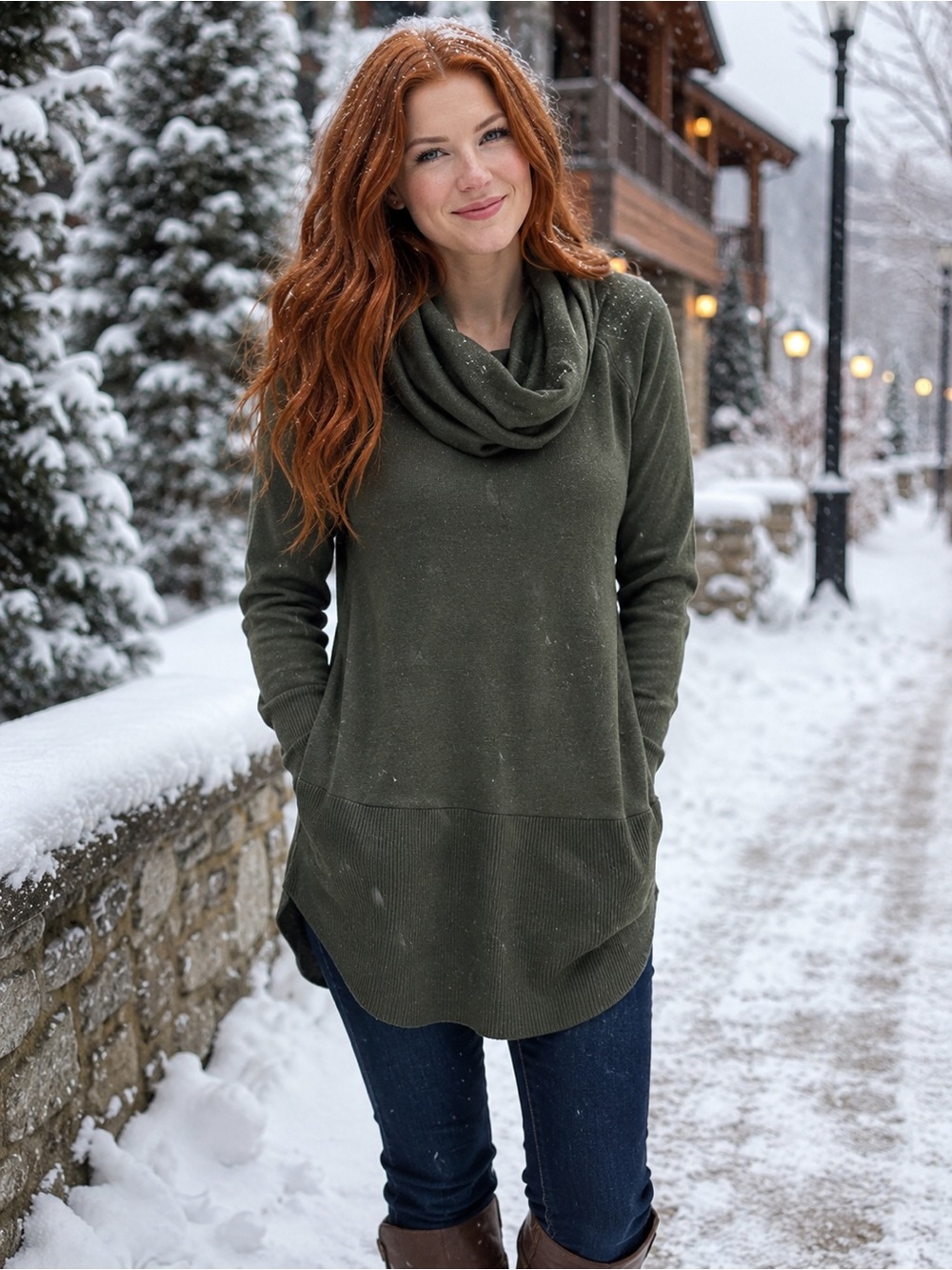 RAYA by Cyrus Knits Cowl Neck Tunic Sweater Forest Green Size M NWT